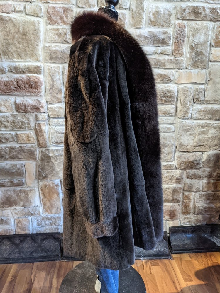Reversible Dyed Sheared Mink w/ Fox Trim Swing Coat, Size L