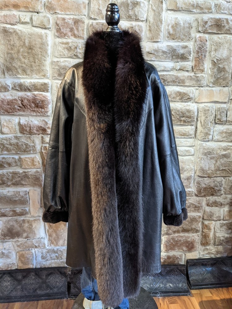 Reversible Dyed Sheared Mink w/ Fox Trim Swing Coat, Size L