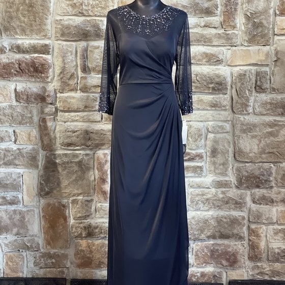 Navy Stretch Satin Faux Wrap Strapless Gown - Elements Unleashed