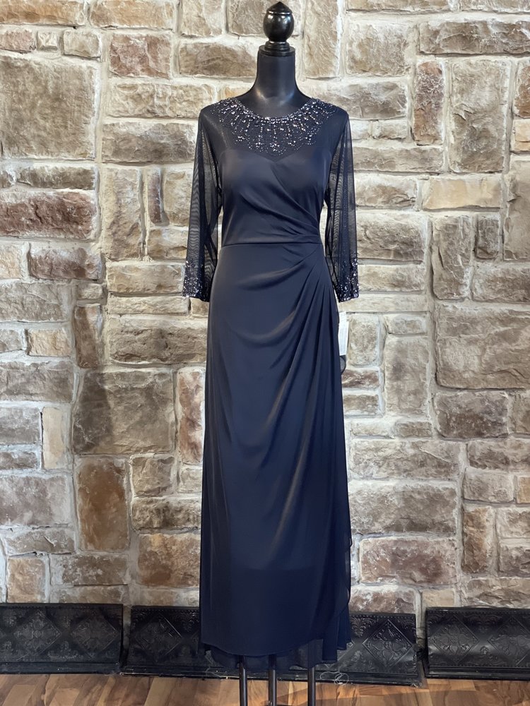 Alex Evenings Navy Beaded Mesh Ruched Gown, Size 16P