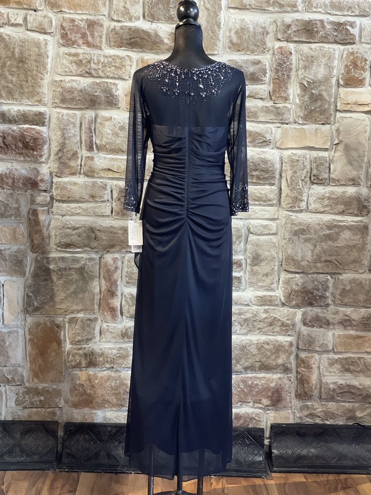 Alex Evenings Navy Beaded Mesh Ruched Gown, Size 16P