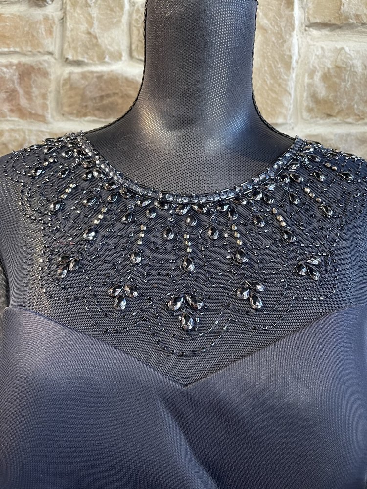 Alex Evenings Navy Beaded Mesh Ruched Gown, Size 16P