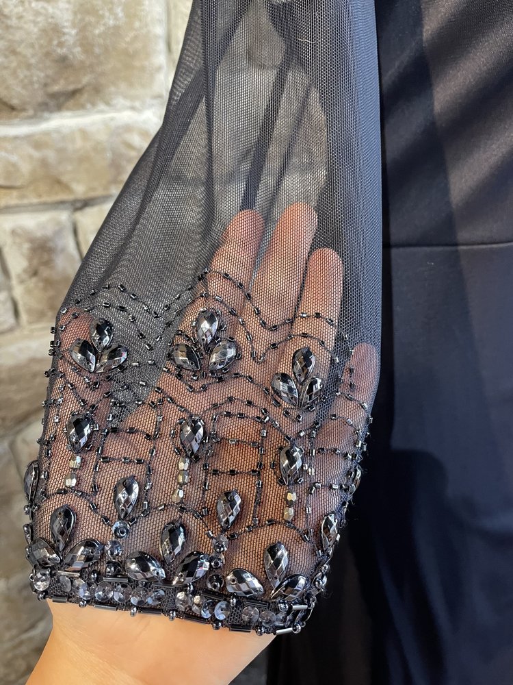 Alex Evenings Navy Beaded Mesh Ruched Gown, Size 16P