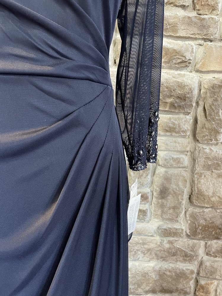 Alex Evenings Navy Beaded Mesh Ruched Gown, Size 16P