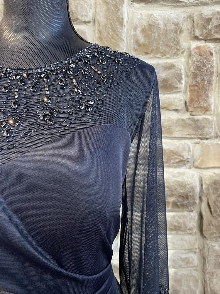 Alex Evenings Navy Beaded Mesh Ruched Gown, Size 16P