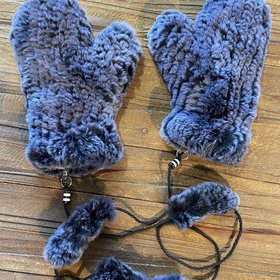 Black and Blue Knitted Rabbit Mittens, O/S