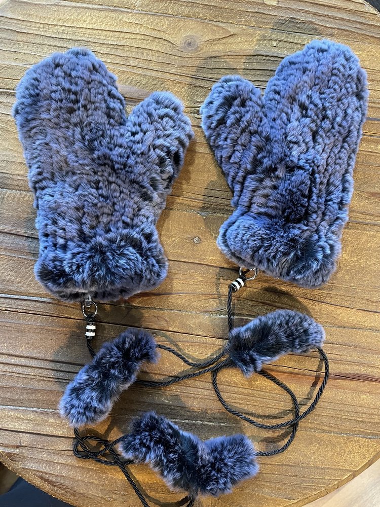 Black and Blue Knitted Rabbit Mittens, O/S