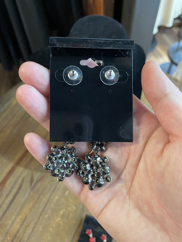 Dark Green Flower Gem Drop Earrings