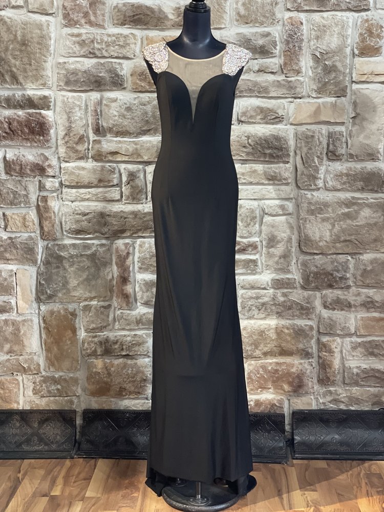 Jovani Black Embellished Shoulder Mesh Front Dress, Size 4