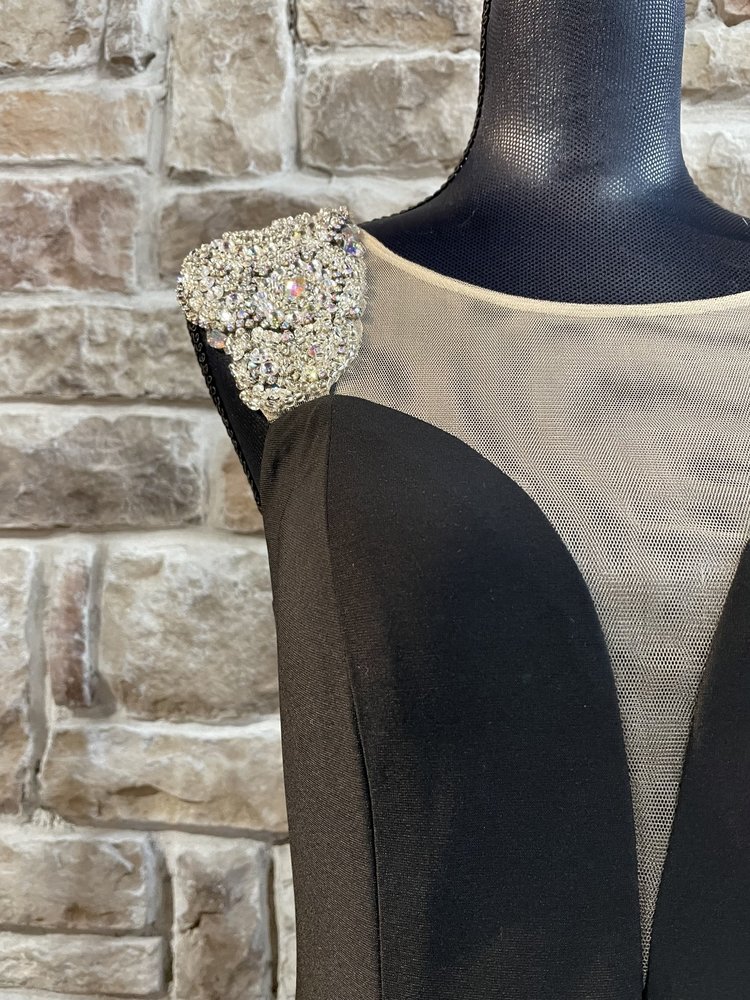 Jovani Black Embellished Shoulder Mesh Front Dress, Size 4