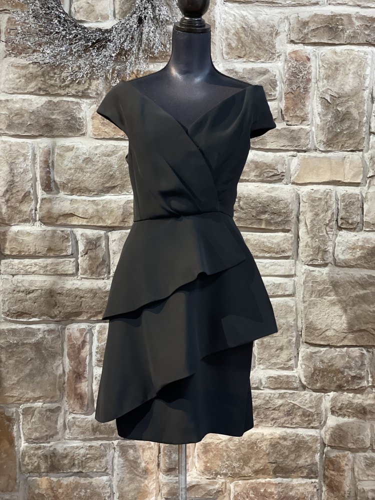 Scaasi Black Faux Wrap 3-Tiered Dress, Size 12