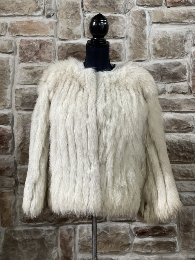 Saga Fox Blue Fox Jacket w/ Leather Piping Collar, Size S