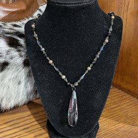 Dylan Jewelry Blue and Brass Bead Crystal Tear Drop Necklace