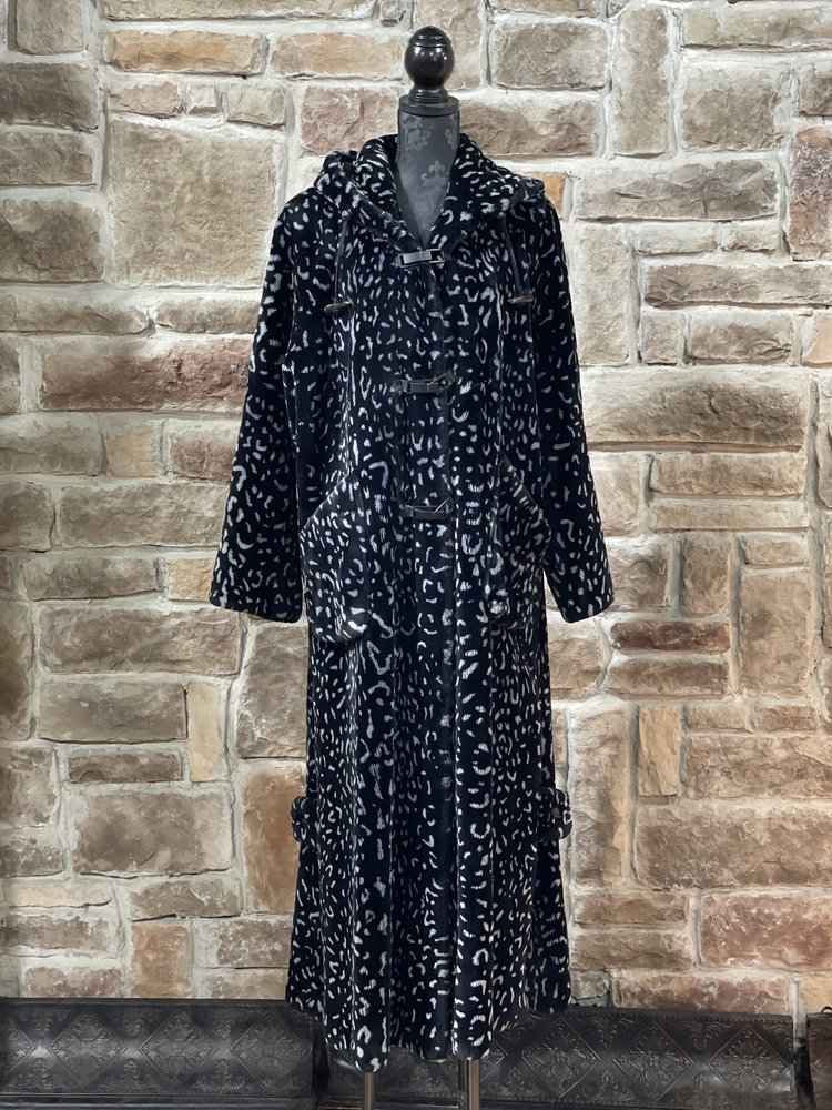 Zuki Sheared Beaver Animal Print Full Length Coat w/ Hood, Size L