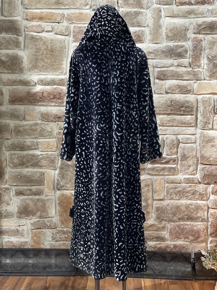 Zuki Sheared Beaver Animal Print Full Length Coat w/ Hood, Size L