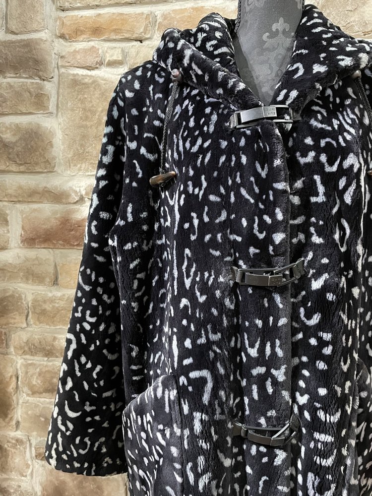 Zuki Sheared Beaver Animal Print Full Length Coat w/ Hood, Size L