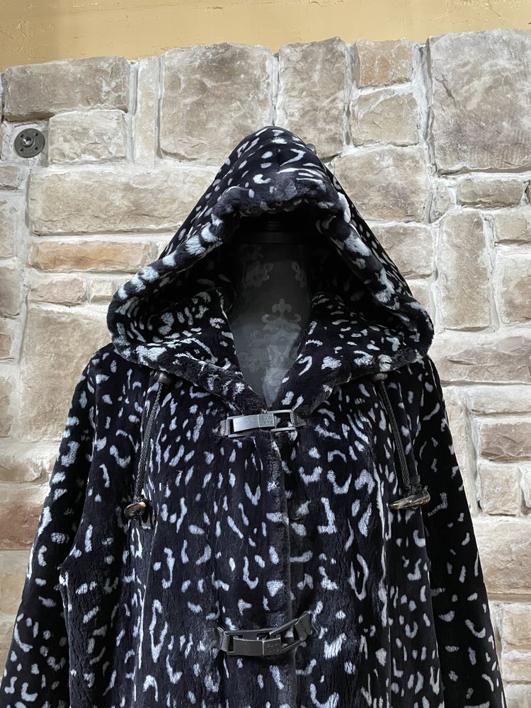 Zuki Sheared Beaver Animal Print Full Length Coat w/ Hood, Size L