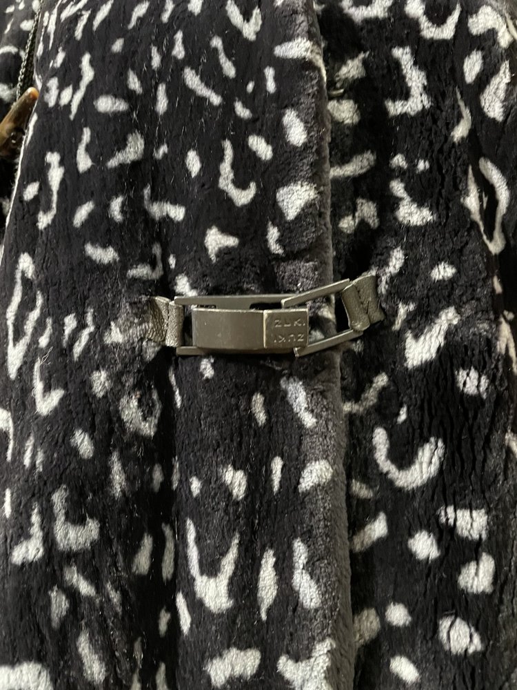 Zuki Sheared Beaver Animal Print Full Length Coat w/ Hood, Size L