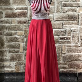 Clarisse Red Rhinestone Halter Open Back Gown, Size 10