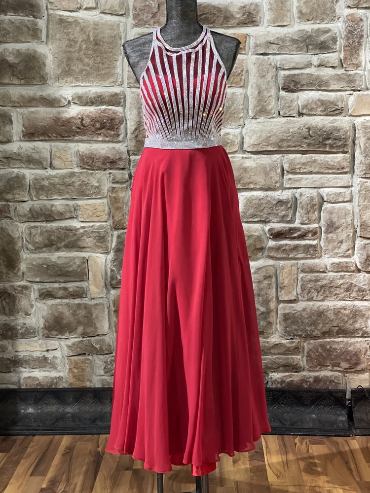 Clarisse Red Rhinestone Halter Open Back Gown, Size 10