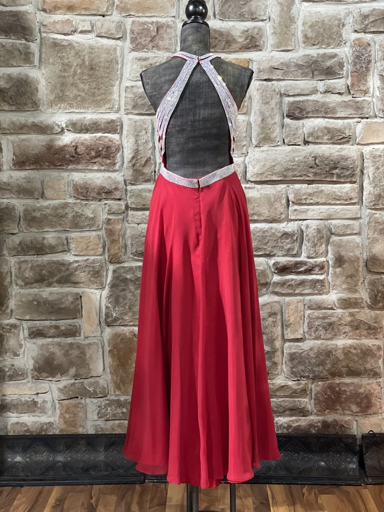 Clarisse Red Rhinestone Halter Open Back Gown, Size 10