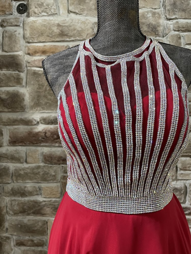 Clarisse Red Rhinestone Halter Open Back Gown, Size 10