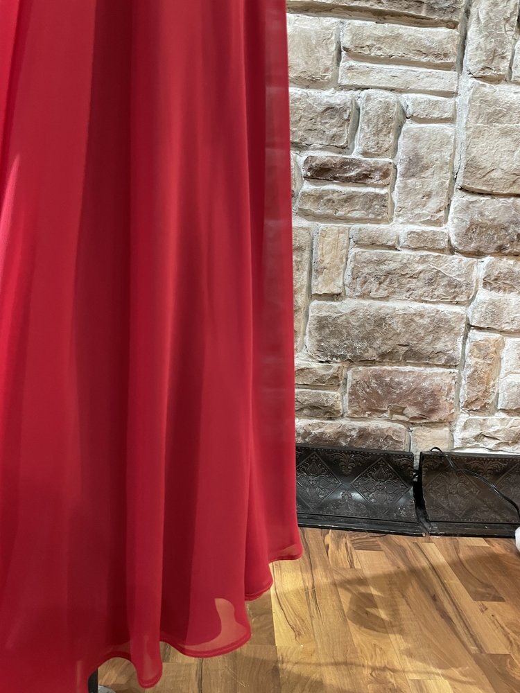 Clarisse Red Rhinestone Halter Open Back Gown, Size 10