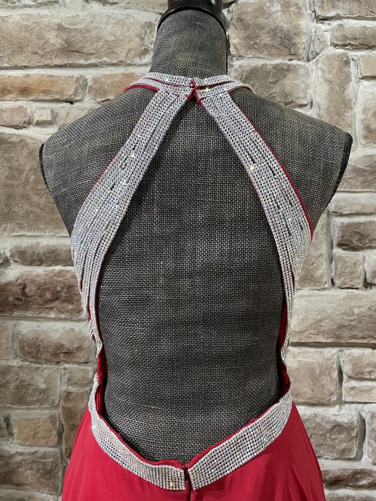 Clarisse Red Rhinestone Halter Open Back Gown, Size 10