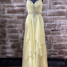 Mac Duggal Yellow Embellished Flutter Skirt Gown, Size 10