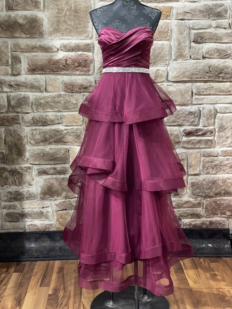 TLC Say Yes to the Prom Maroon Tulle Layered Strappy Back Gown