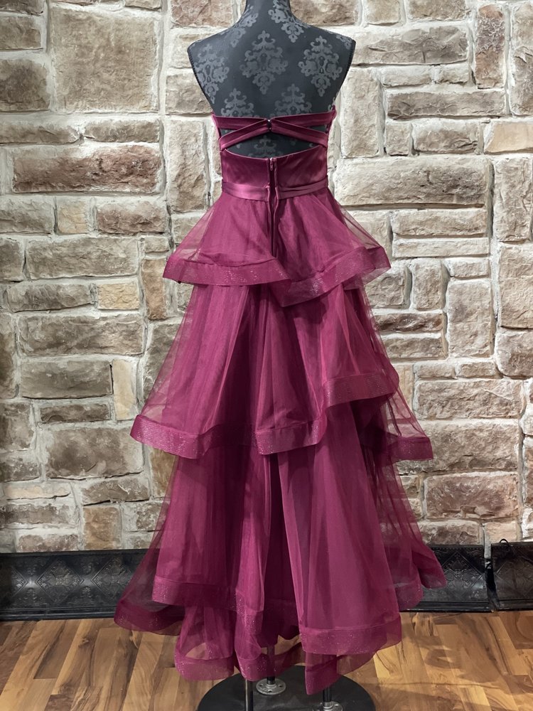 TLC Say Yes to the Prom Maroon Tulle Layered Strappy Back Gown