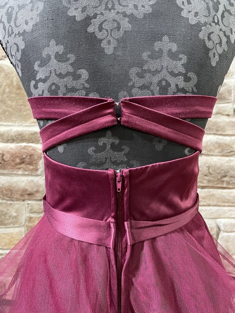 TLC Say Yes to the Prom Maroon Tulle Layered Strappy Back Gown