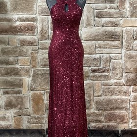 Morgan & Co. Burgundy Sequin Halter Key Hole Dress