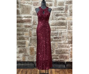 Burgundy Sequin Halter Key Hole Dress - Elements Unleashed