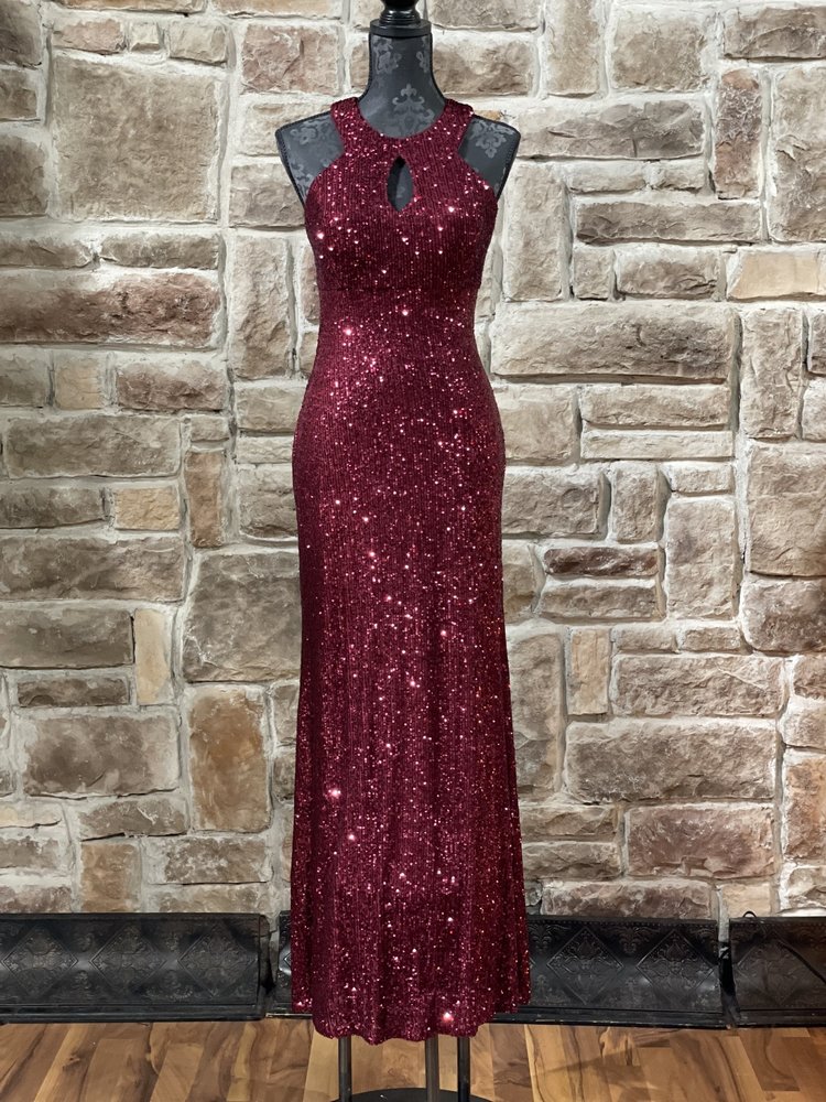 Morgan & Co. Burgundy Sequin Halter Key Hole Dress