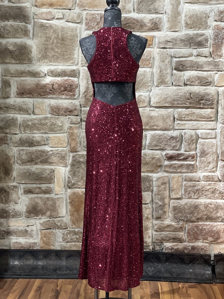 Morgan & Co. Burgundy Sequin Halter Key Hole Dress