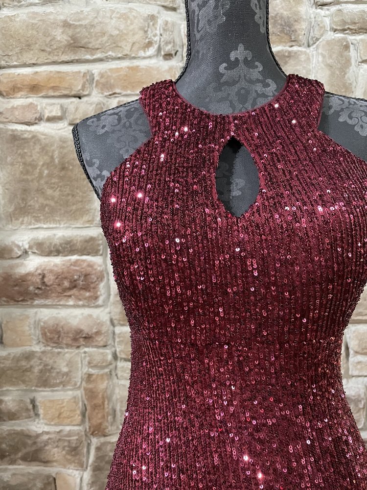 Morgan & Co. Burgundy Sequin Halter Key Hole Dress