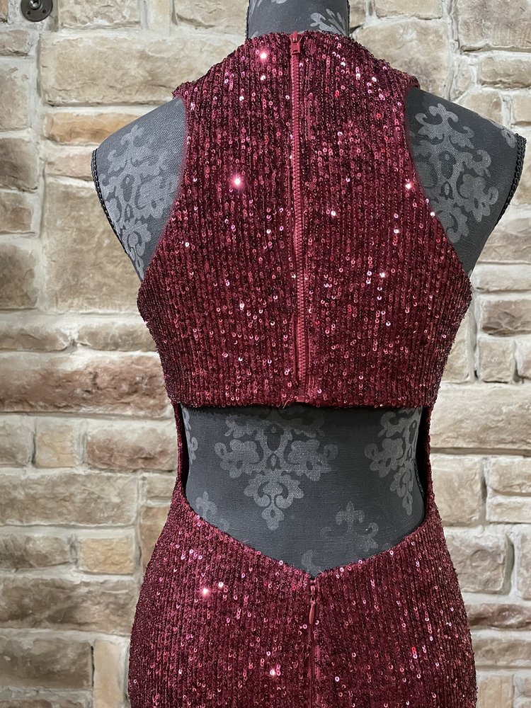 Morgan & Co. Burgundy Sequin Halter Key Hole Dress