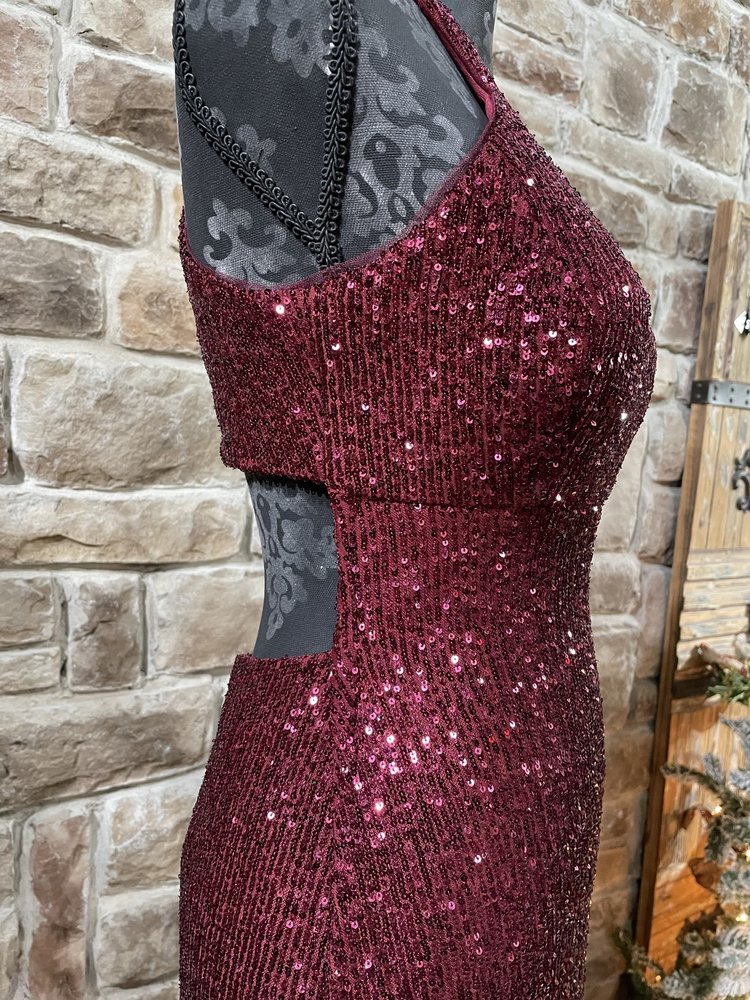 Morgan & Co. Burgundy Sequin Halter Key Hole Dress