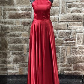 Blondie Nites Red Halter Strappy Open Back Gown w/ Pockets