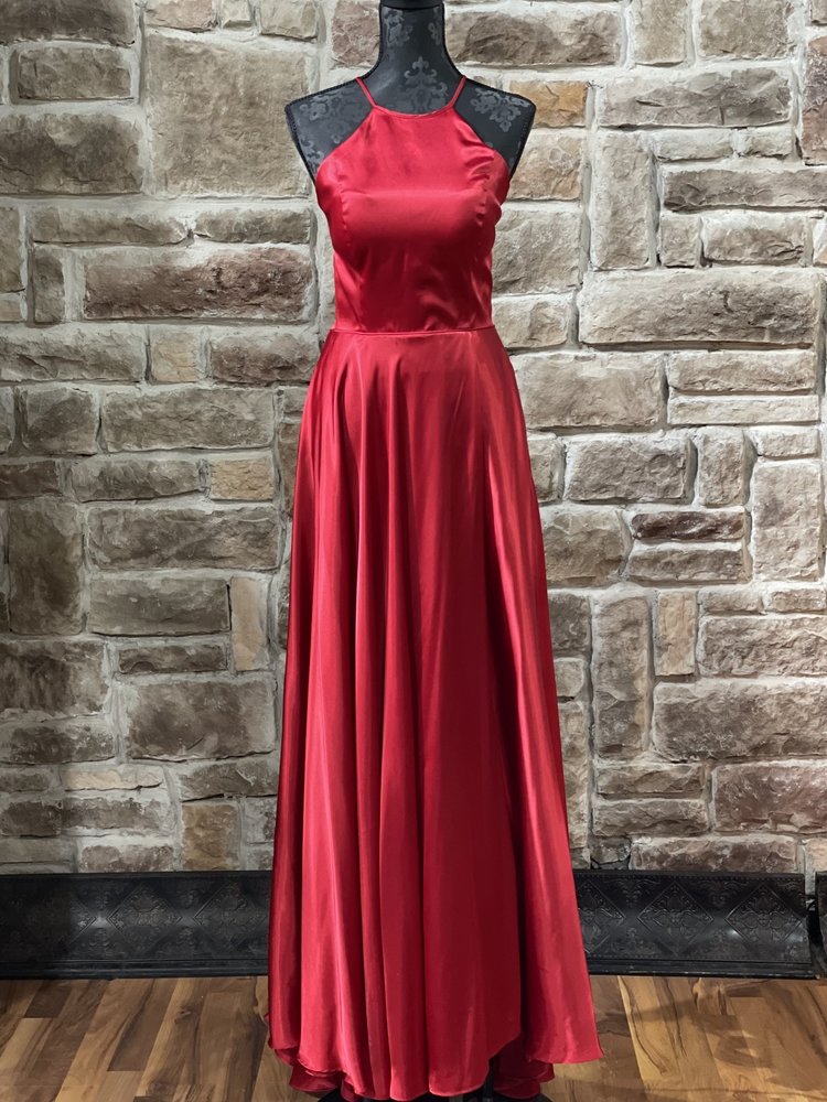 Blondie Nites Red Halter Strappy Open Back Gown w/ Pockets