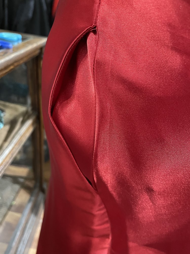 Blondie Nites Red Halter Strappy Open Back Gown w/ Pockets