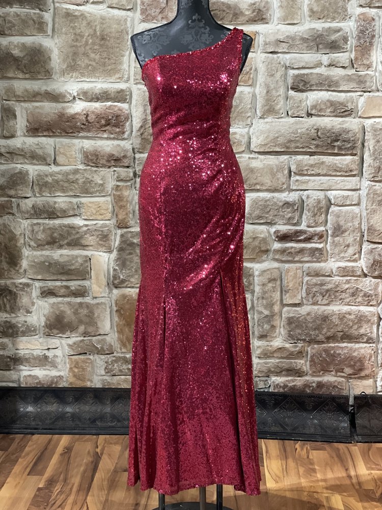 Red One Shoulder Sequin Side Slit Gown, Size 5/6