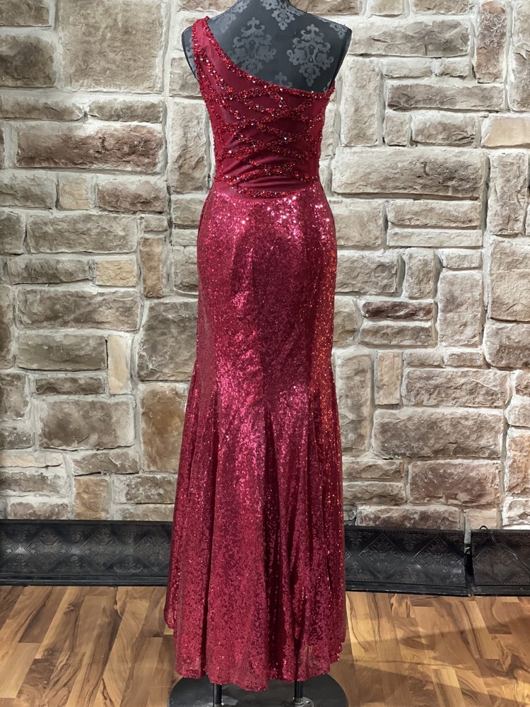 Red One Shoulder Sequin Side Slit Gown, Size 5/6