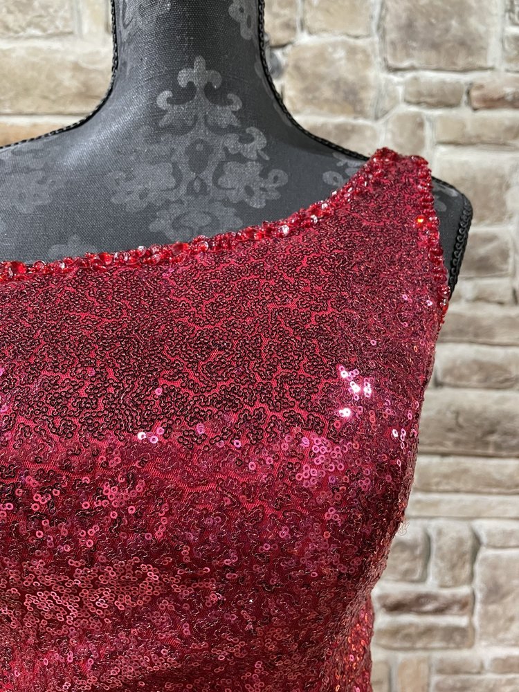 Red One Shoulder Sequin Side Slit Gown, Size 5/6