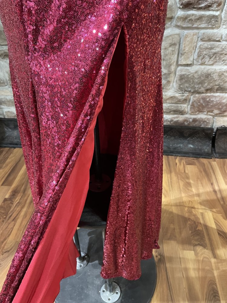 Red One Shoulder Sequin Side Slit Gown, Size 5/6