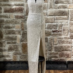 B Darlin Champagne Sequin Strapless Side Slit Gown