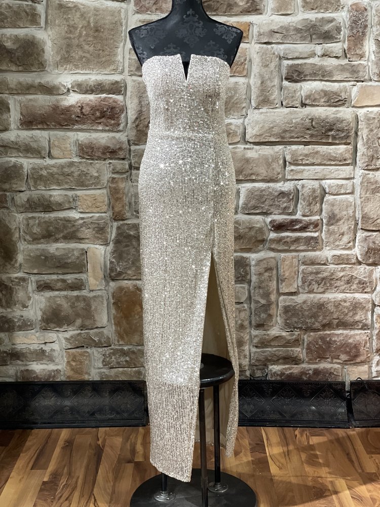 B Darlin Champagne Sequin Strapless Side Slit Gown