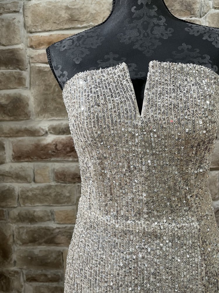 B Darlin Champagne Sequin Strapless Side Slit Gown