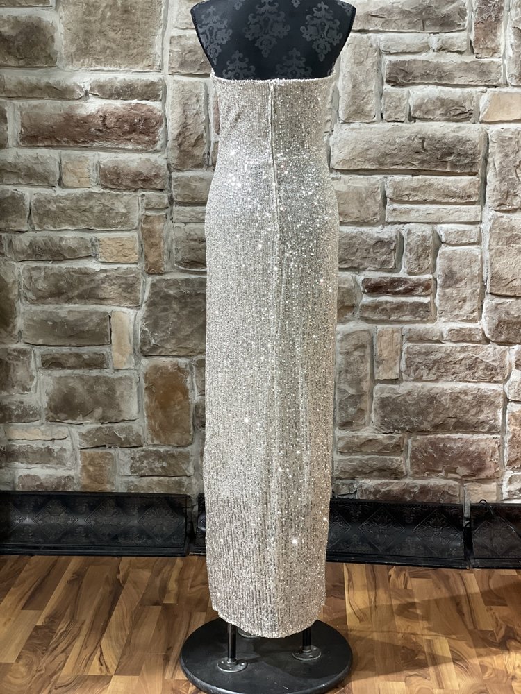 B Darlin Champagne Sequin Strapless Side Slit Gown